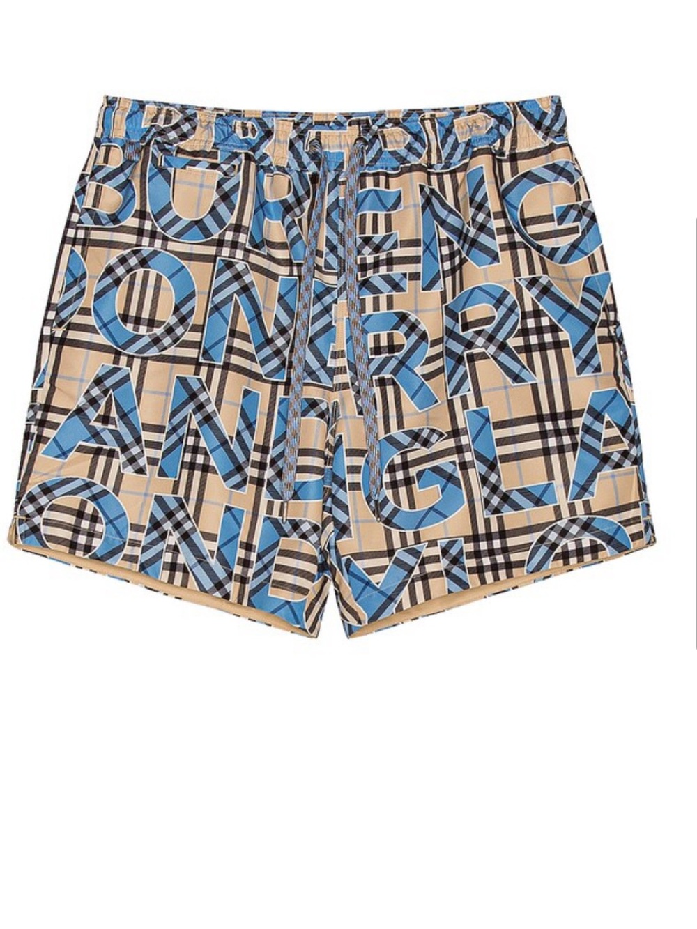 Burberry Beige Plaid Swim Shorts with Blue Logo Print